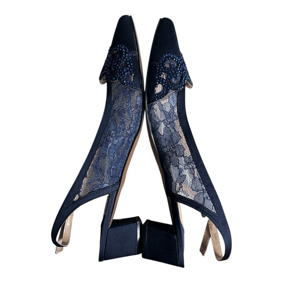J.Renee Faleece Blue Satin Lace Rhinestone Slingback Heels Size 12 - Picture 7 of 11